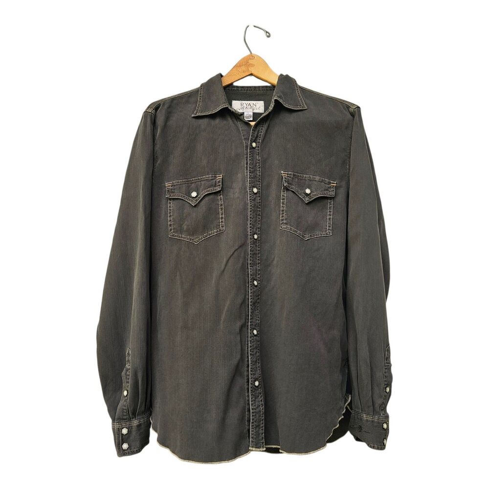 Ryan Michael Westernwear Pearl Snap Silk Cotton Mens L Grayish Brown Cowboy